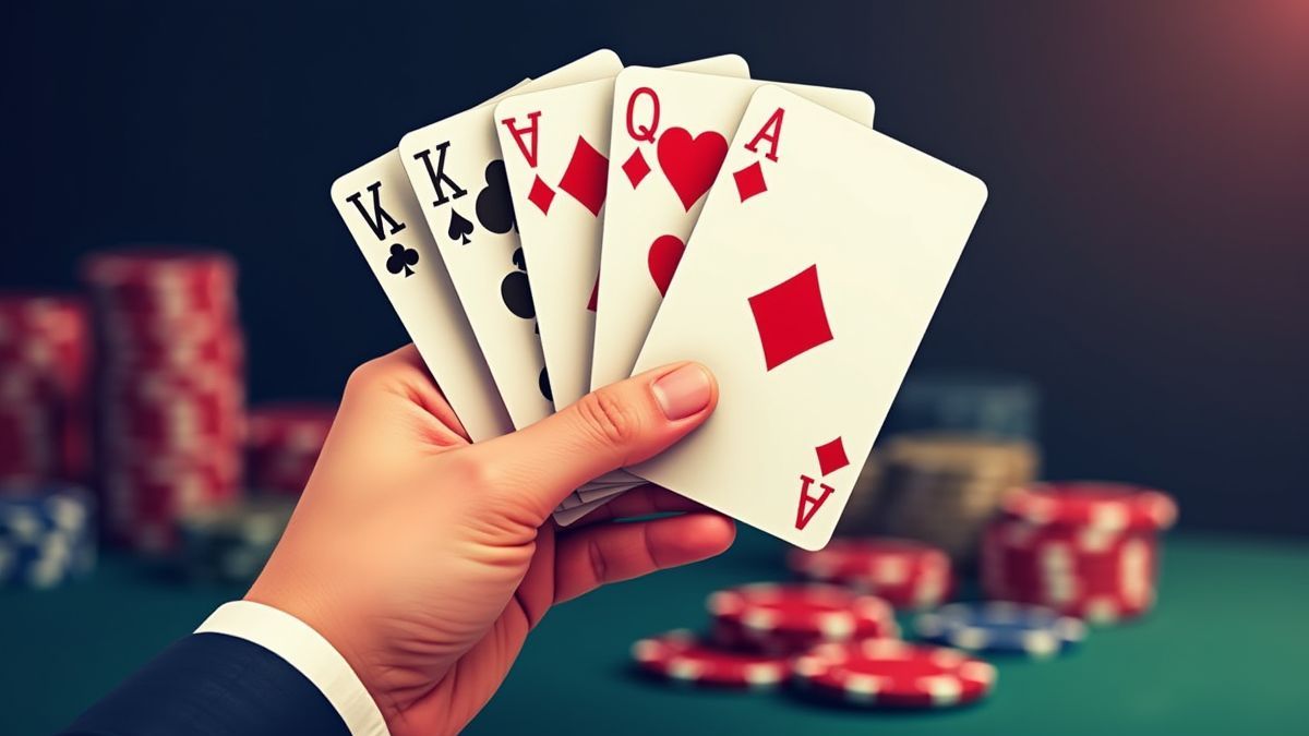 Hand, die gewinnende Pokerkarten mit Chips im Hintergrund hält.