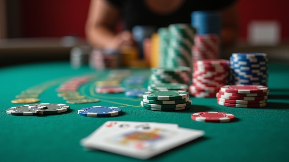 Blackjack table with chips and cards.