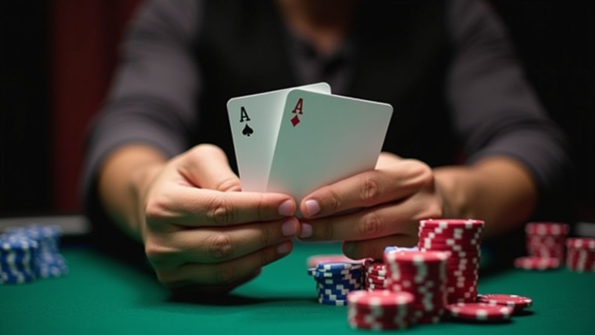 Blackjack player with matching cards surrounded by chips.