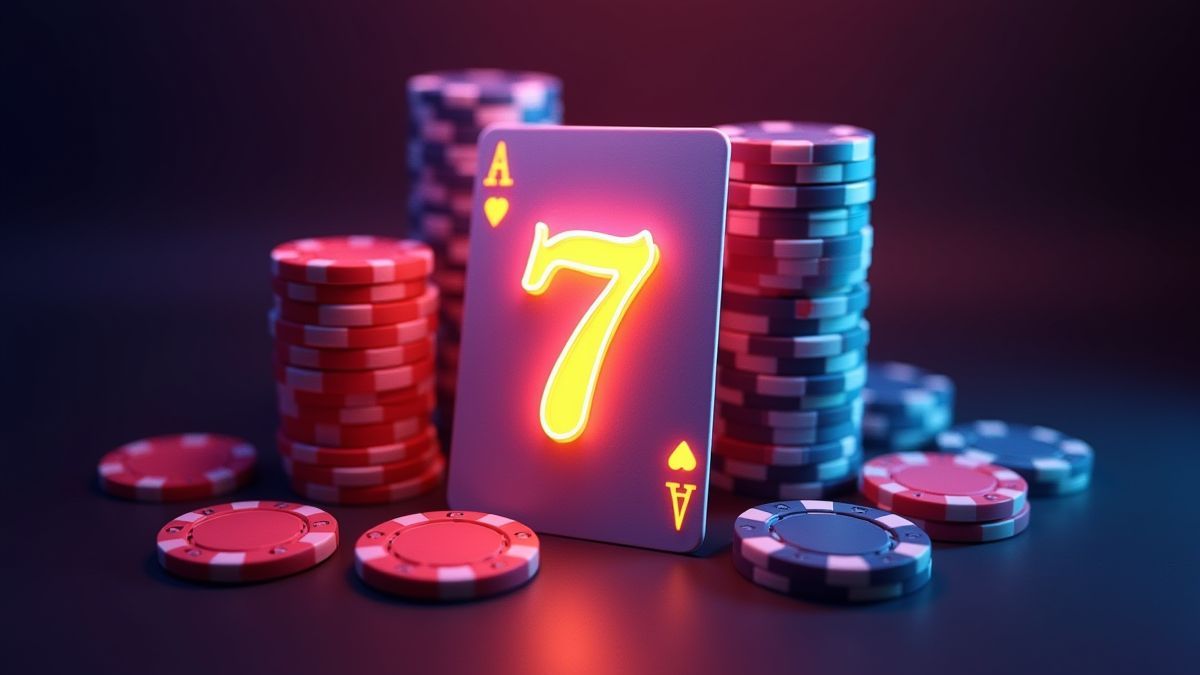 Wildsiebenkarte umgeben von Pokermarken.