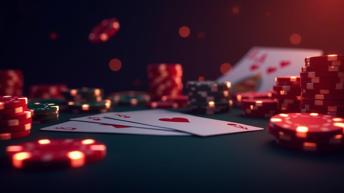 Leuchtende Chips und Karten vor einem animierten Casino-Hintergrund.