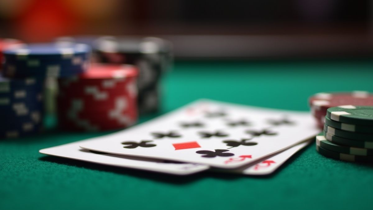 Pokertoken und Karten auf einem Filztisch.