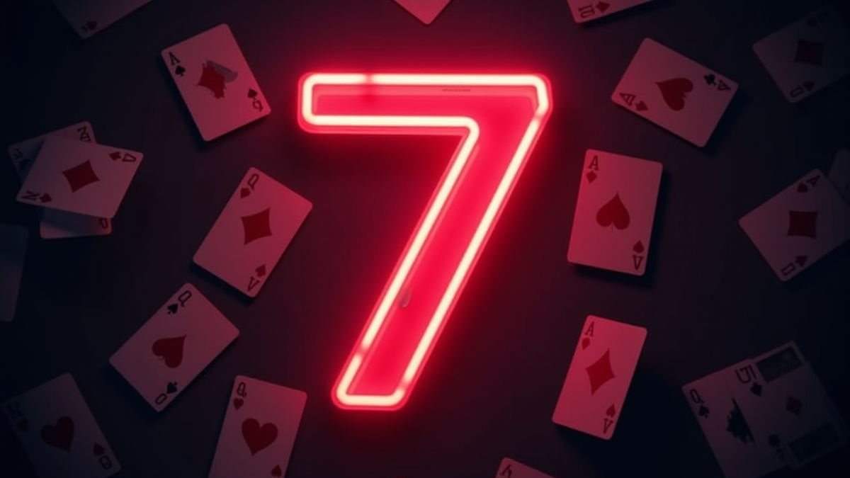 Leuchtende Sieben umgeben von Pokerkarten.