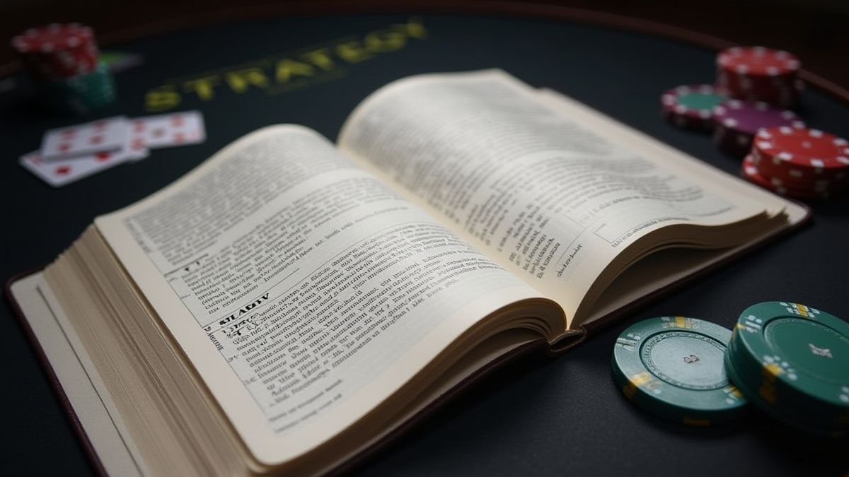 Offenes Strategiehandbuch auf einem Pokertisch.