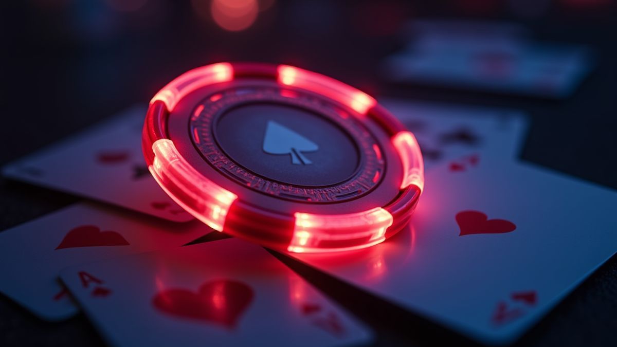 Jetons de poker et cartes sur une table de casino illuminée.