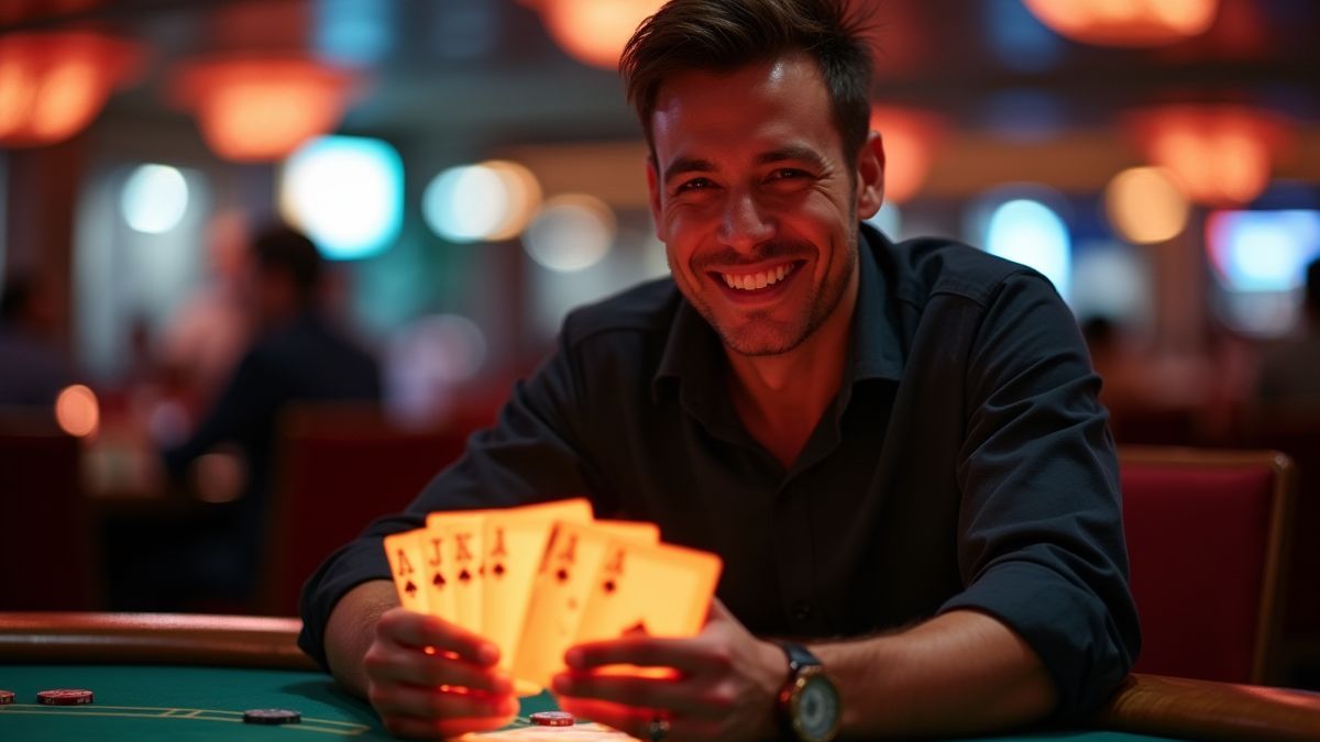 Joueur de poker souriant avec des cartes brillantes à la main.