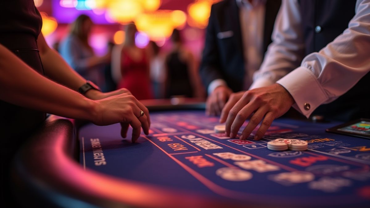 Blackjack table with multiple hands in play.
