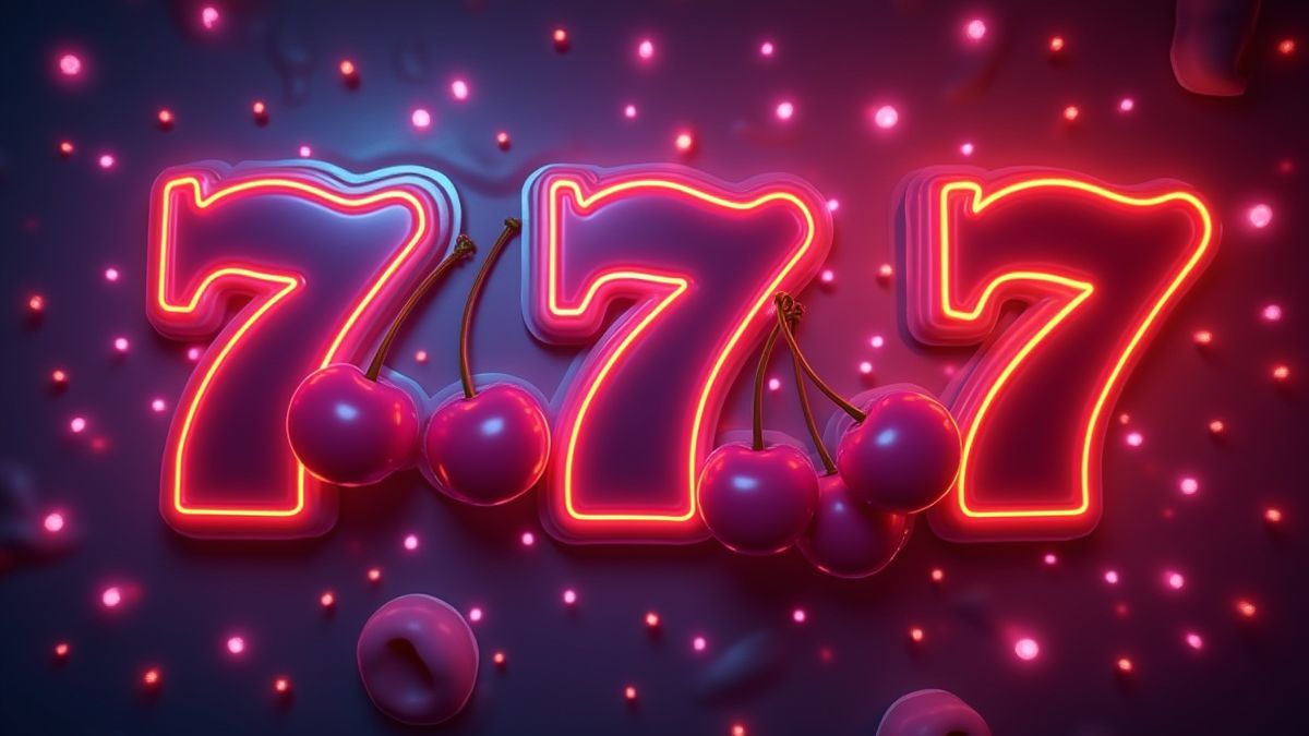 Neon lights surrounding classic symbols like cherries and sevens.