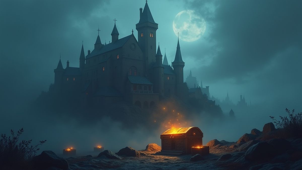 Medieval castle surrounded by mist and glowing treasure chests