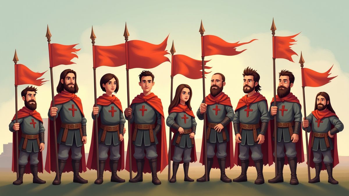 Player avatars in a medieval setting with animated flags