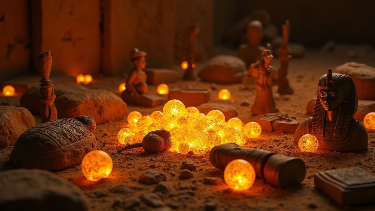 Artefactos egipcios rodeados de tesoros brillantes.