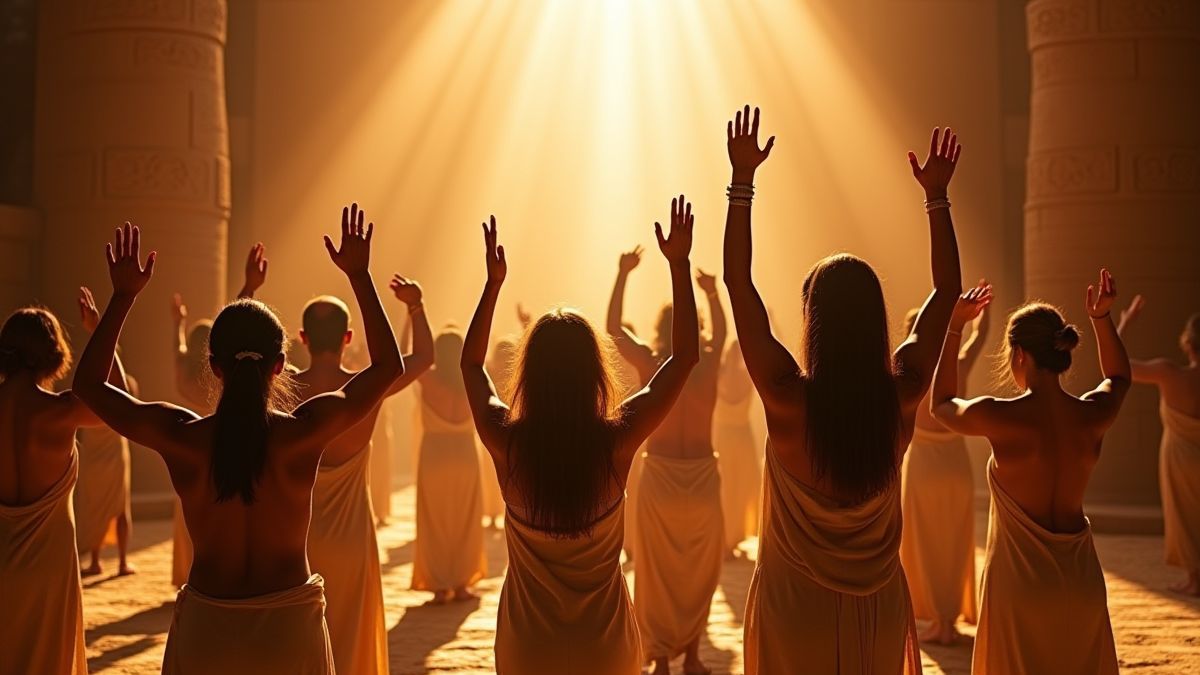 Personas celebrando en un entorno egipcio.