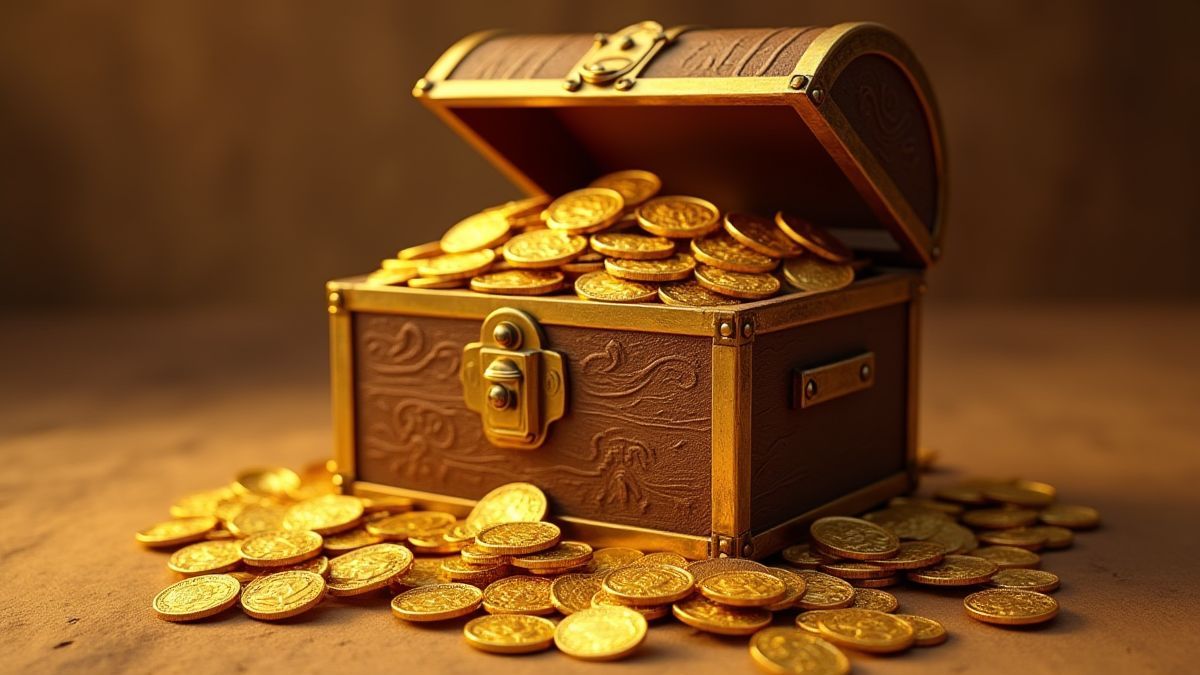 Cofre del tesoro lleno de monedas de oro en un escenario egipcio.