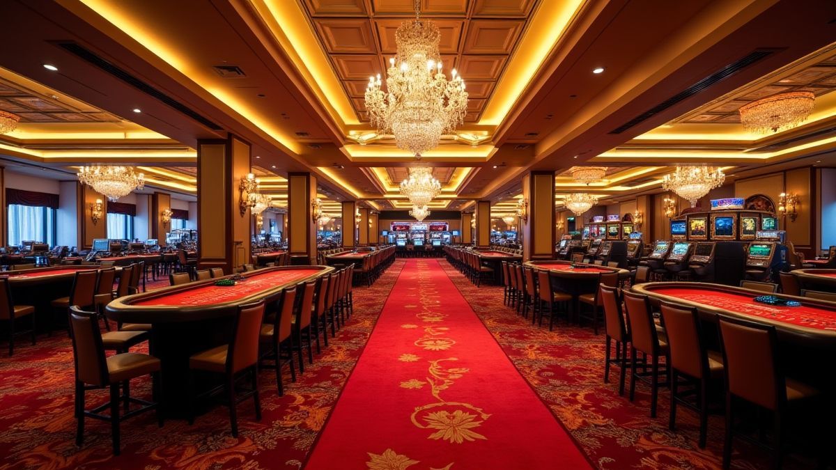 Interior de casino lujoso con mesas de ruleta y alfombras rojas.