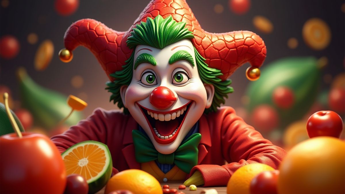 A cheerful joker surrounded by fruits in a retro design.