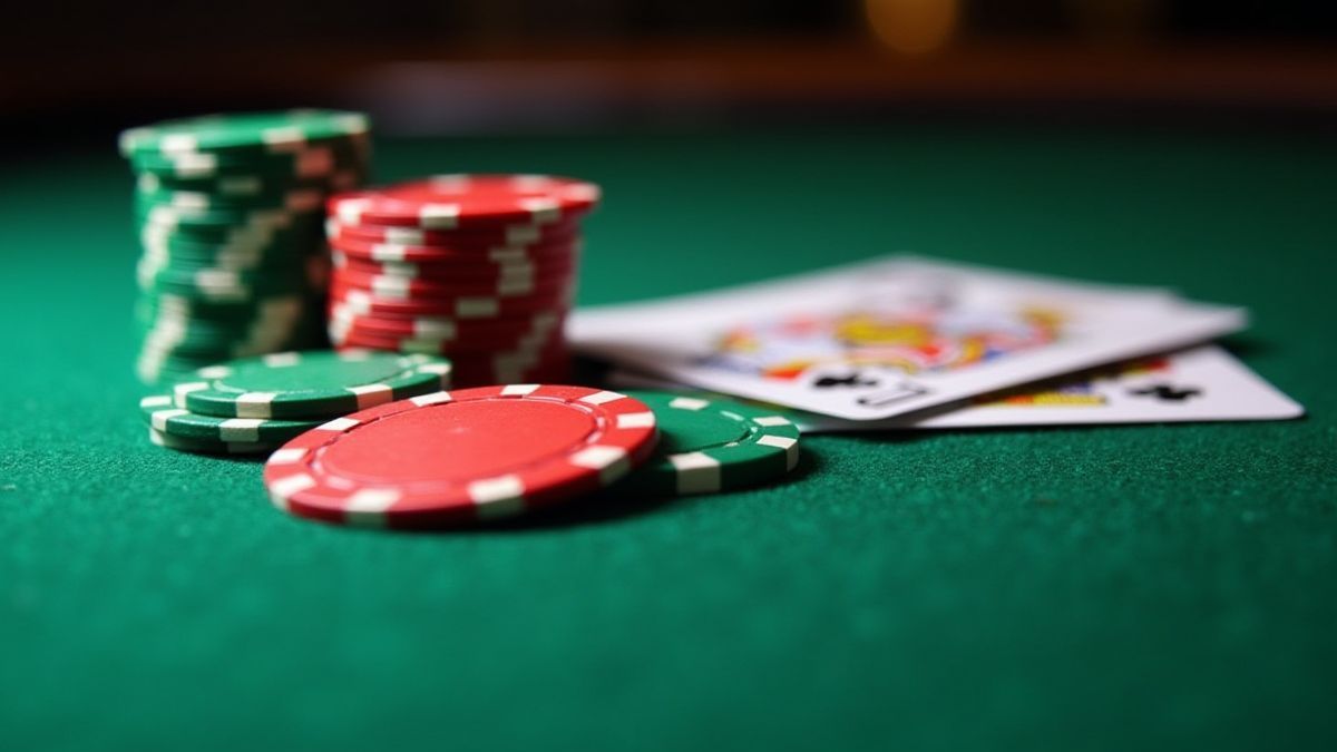 Casino-Chips und Karten auf einem Blackjack-Tisch.