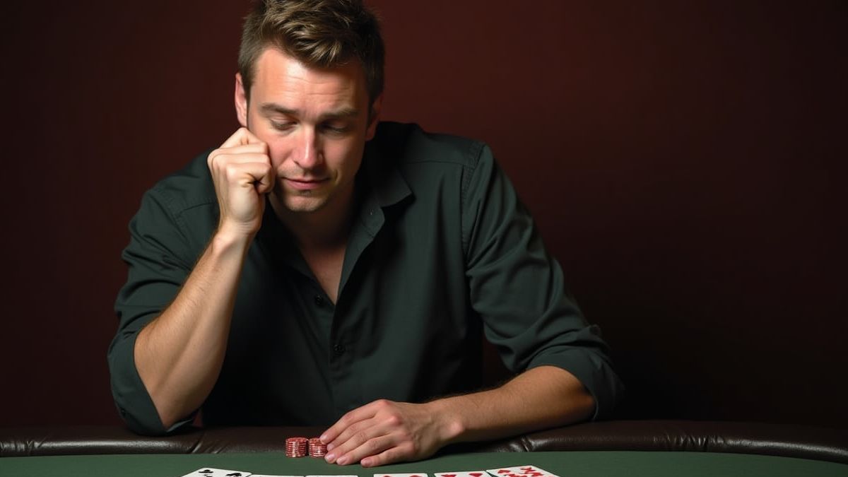 Nachdenklicher Spieler an einem Blackjack-Tisch.