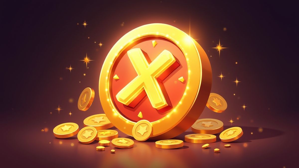 S	ext{Ymbole multiplicateur brillant entouré de pièces dorées