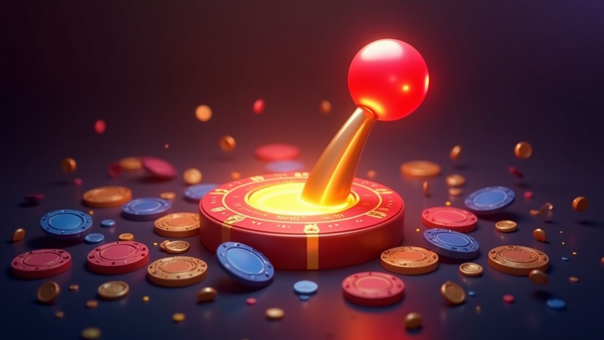 Levier de machine à sous brillant entouré de jetons colorés et de pièces