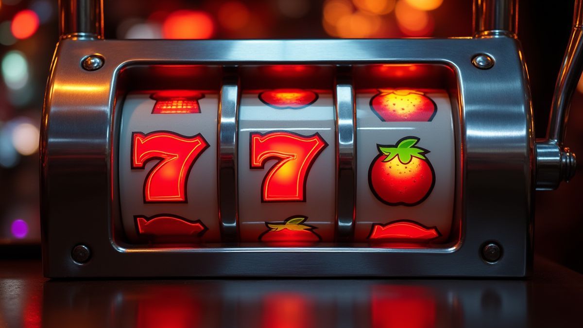 Metal slot machine with retro fruit symbols illuminated.