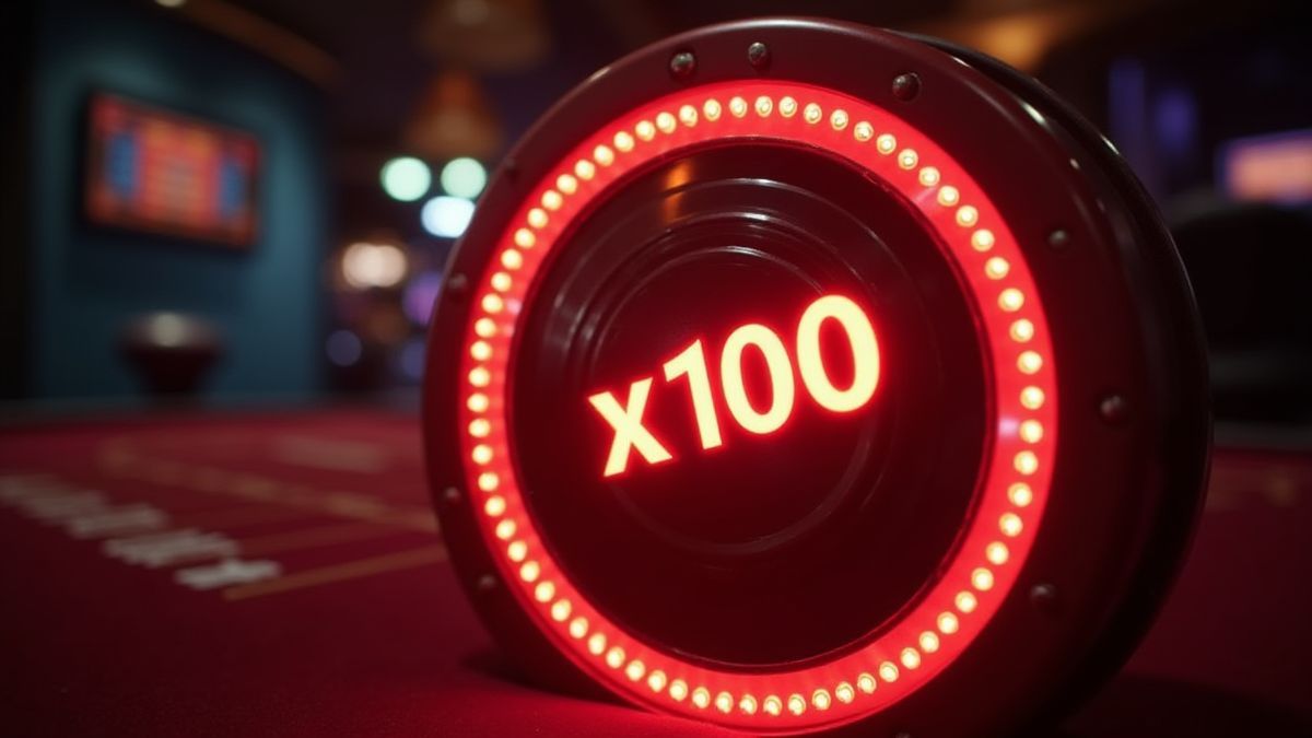 Glowing multiplier reel displaying x100 in a casino setting.