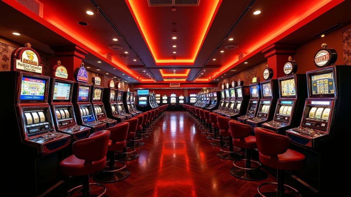 Eleganter Casino-Lounge mit Vintage-Spielautomaten im Art-Déco-Stil.