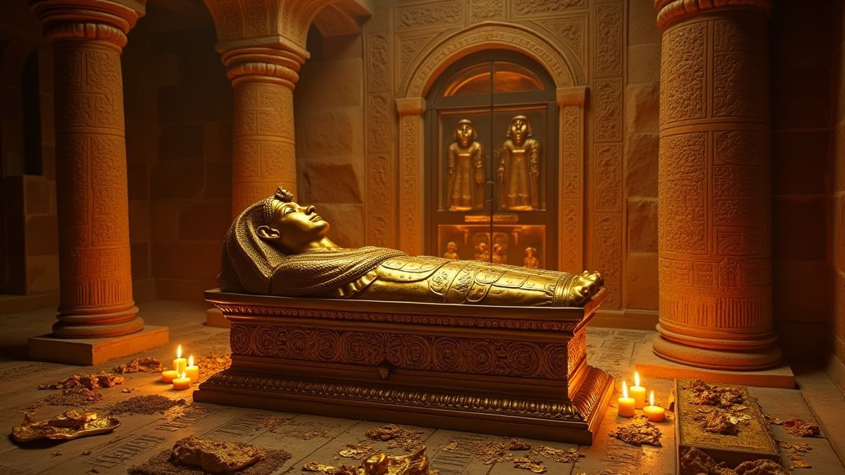 Ein goldener Sarkophag in einem ägyptischen Grab, umgeben von Schätzen.
