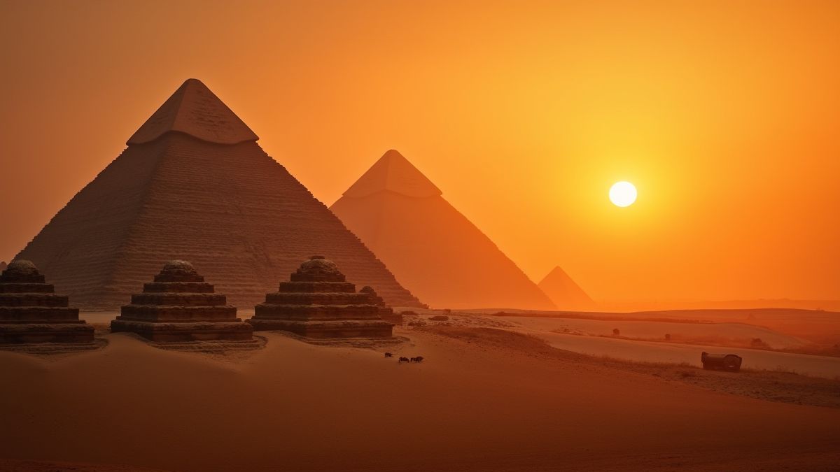 Eine ägyptische Landschaft mit Pyramiden bei Sonnenuntergang.