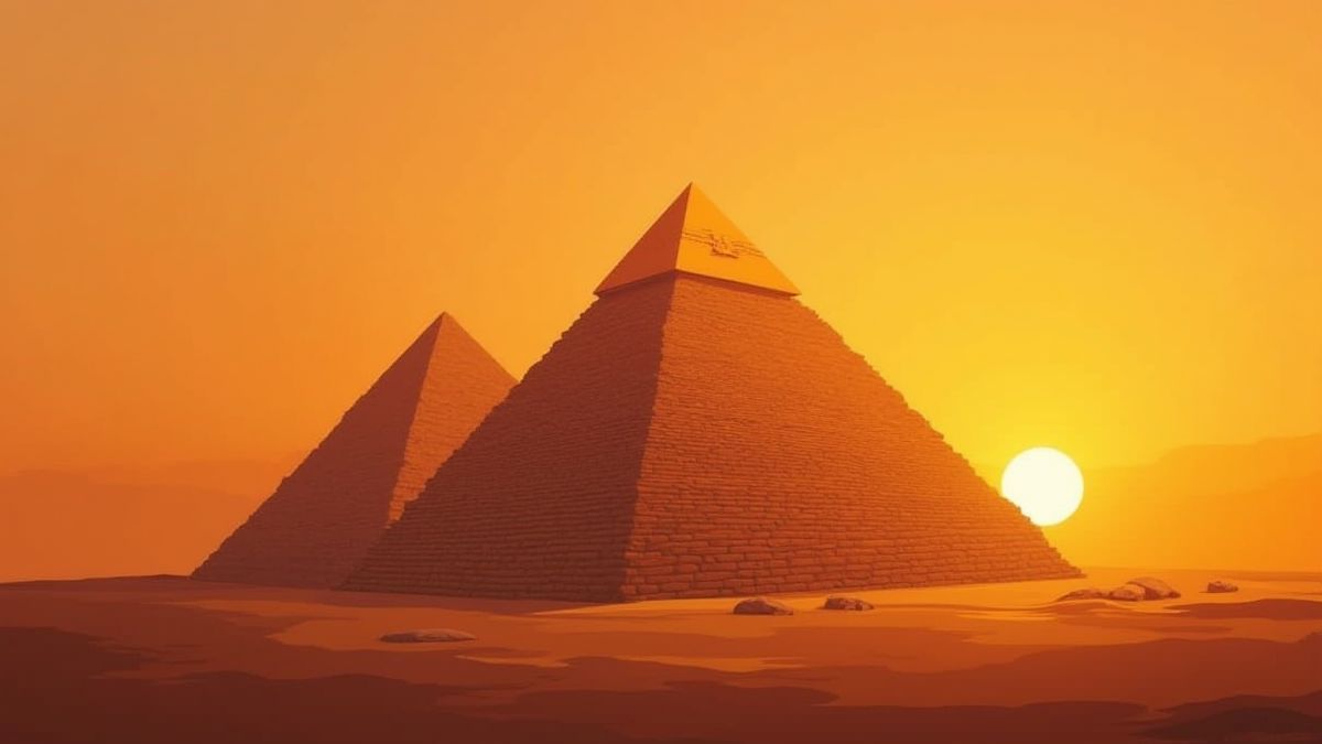 Uma pirâmide egípcia ao atardecer com tons dourados.