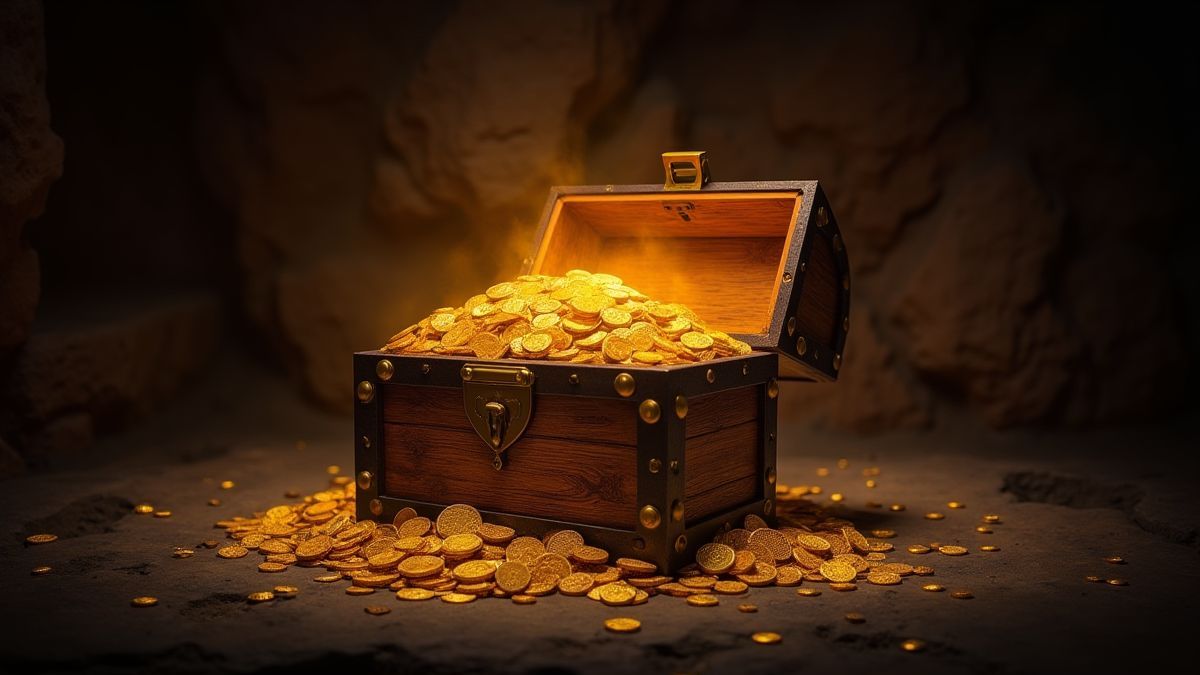 Um baú do tesouro cheio de moedas de ouro e joias em uma tumba escura.