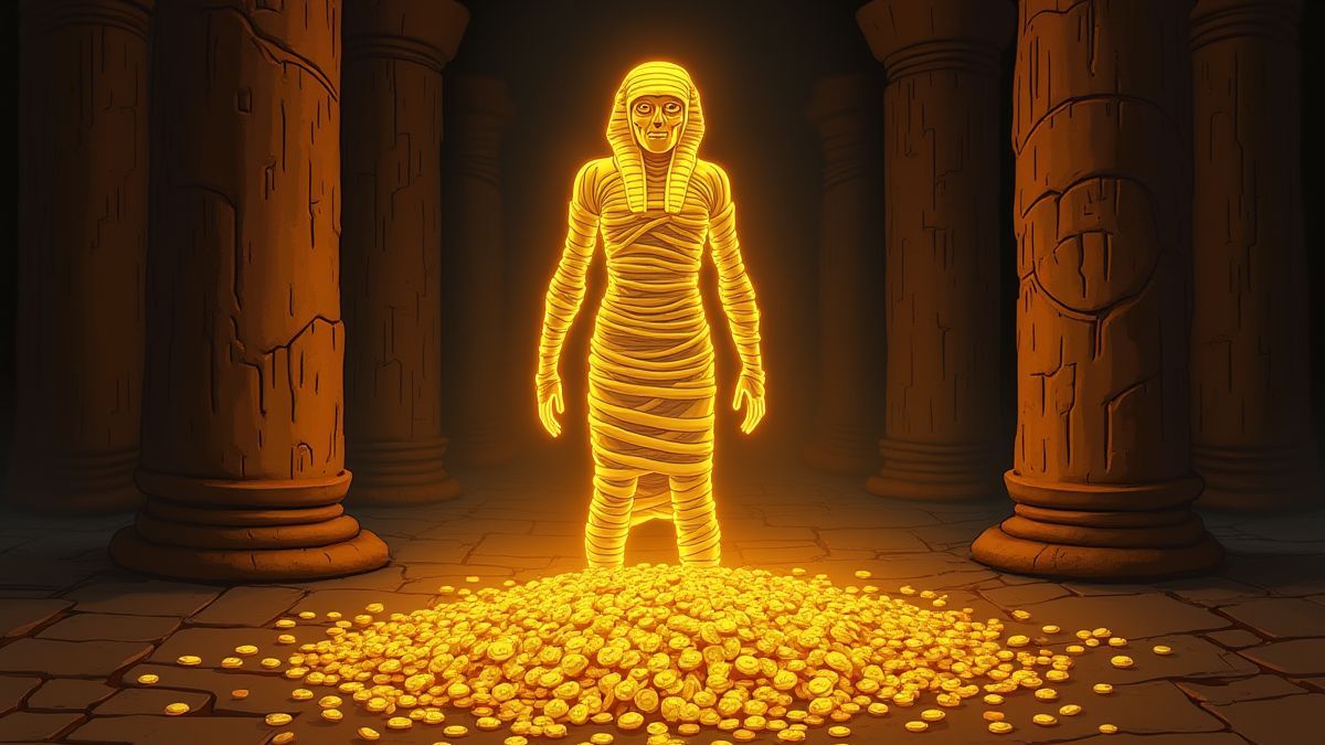 A glowing mummy in an Egyptian tomb surrounded by gold coins