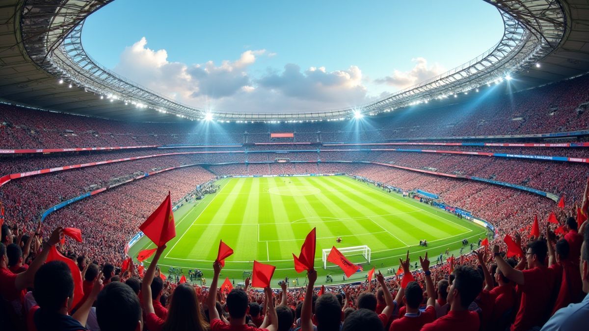 Stadion voller Fans, die mit Flaggen anfeuern.