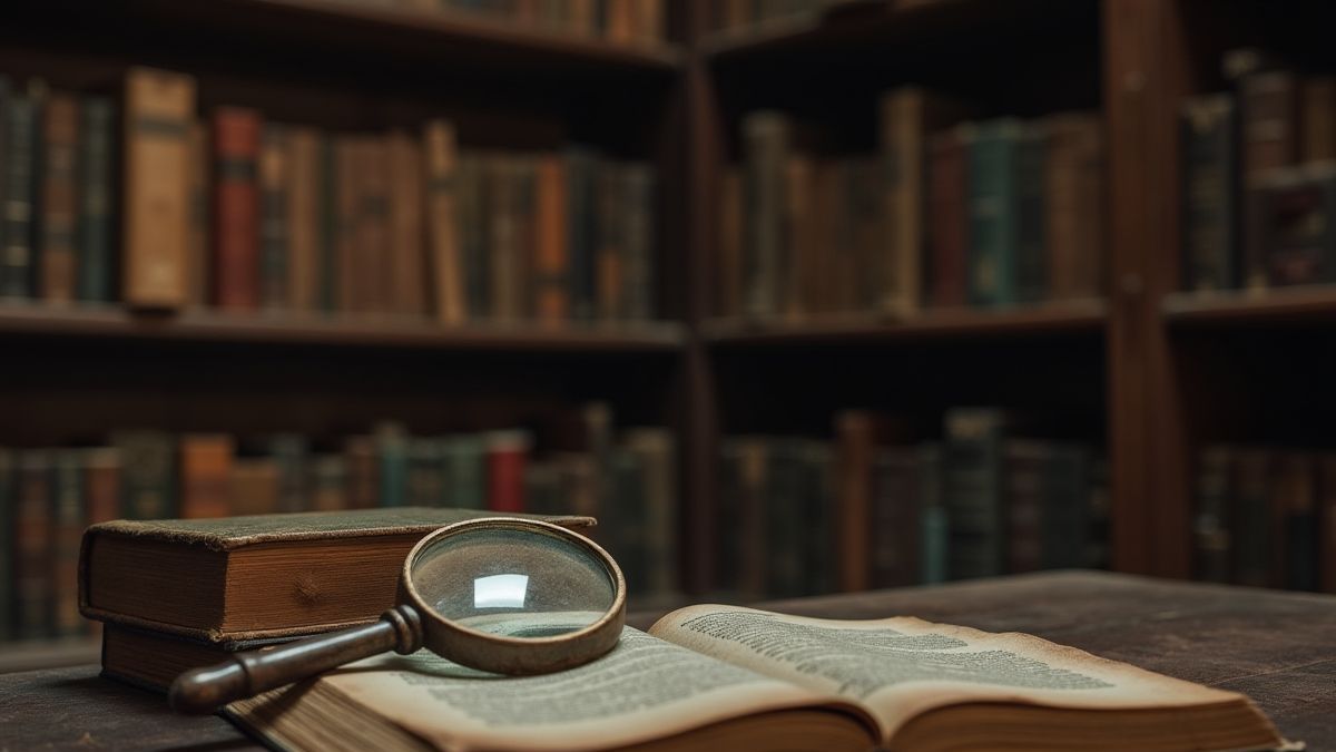 Eine alte Bibliothek mit staubigen Büchern und einer Lupe auf dem Schreibtisch.