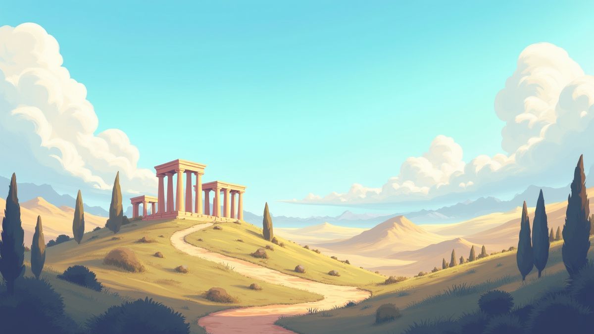 Un paisaje griego con templos y nubes al estilo animado.