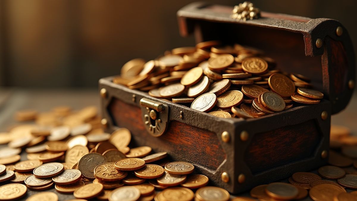 Un cofre del tesoro lleno de monedas en un entorno griego.