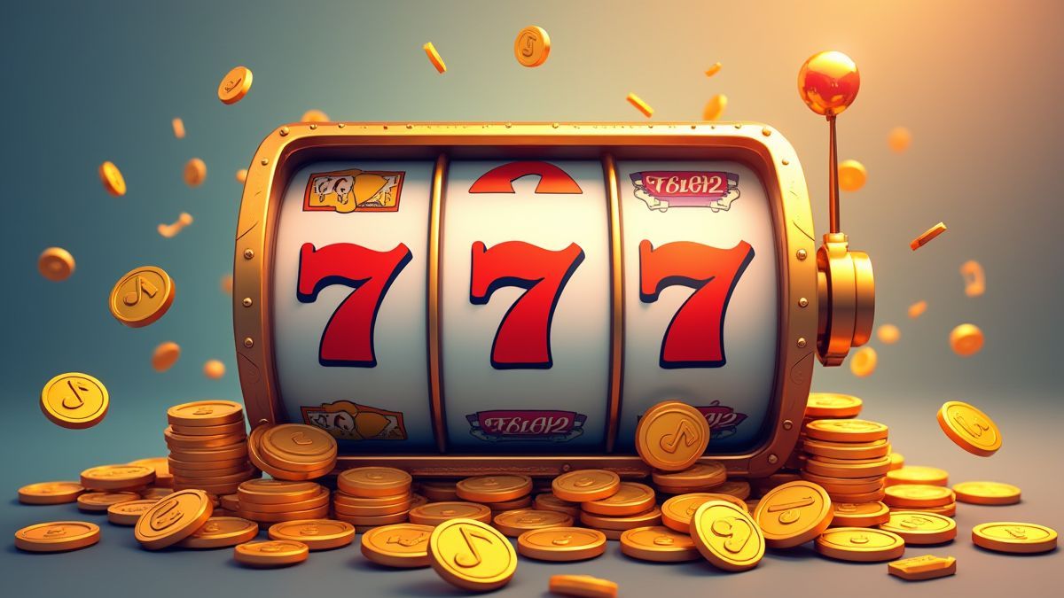 Coins and musical notes around a slot machine.