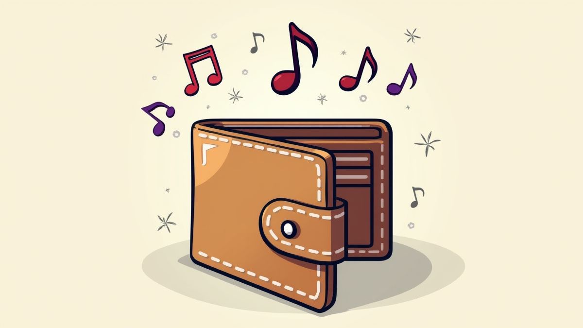 Wallet surrounded by musical notes.