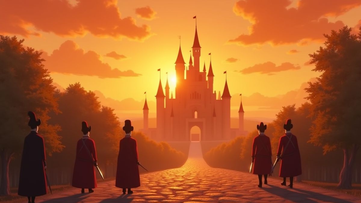Castelo francês animado sob um céu dourado com mosqueteiros em primeiro plano.