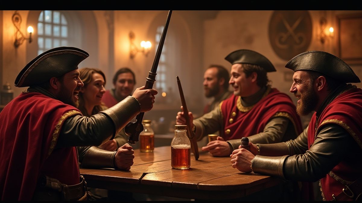 Mosqueteiros celebrando a vitória em uma taberna francesa.