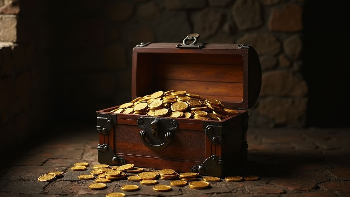 A chest full of gold coins in a medieval room.