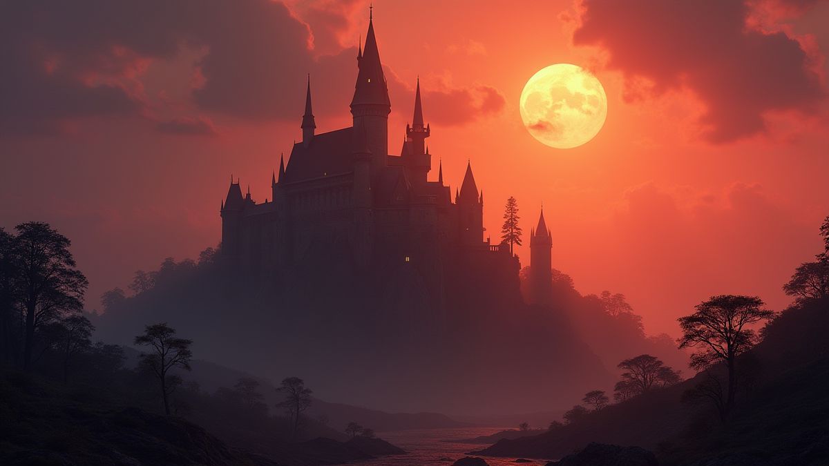 A medieval castle illuminated by the setting sun.