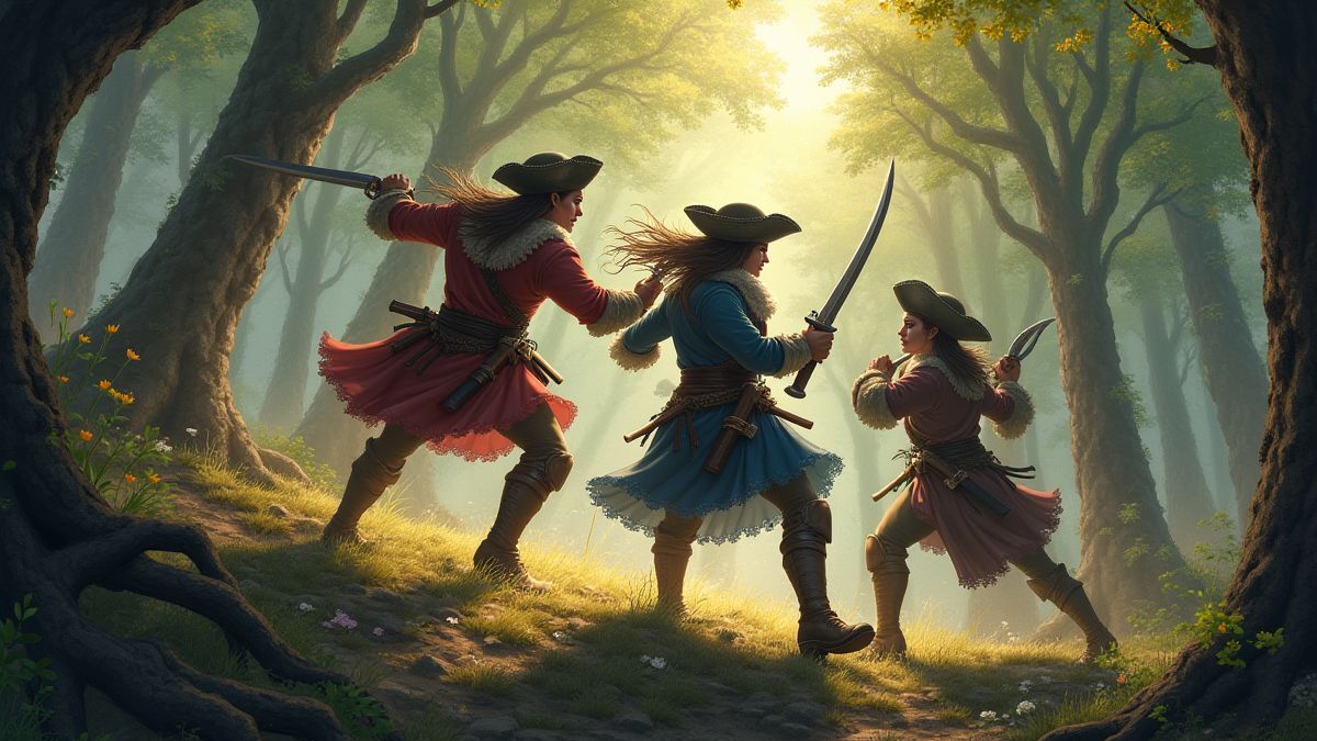 The three musketeers battling in a vibrant forest.