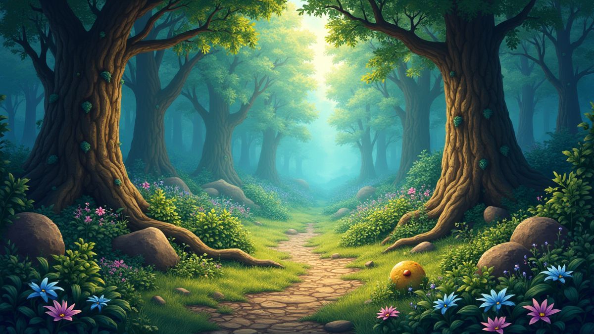 Forêt vibrante avec trésors cachés.