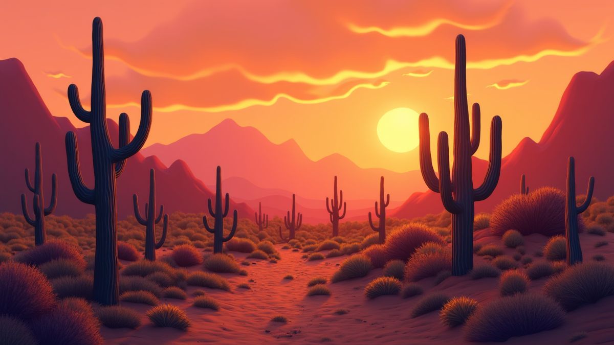 Paysage désertique du western américain au coucher du soleil avec des cactus et des montagnes.