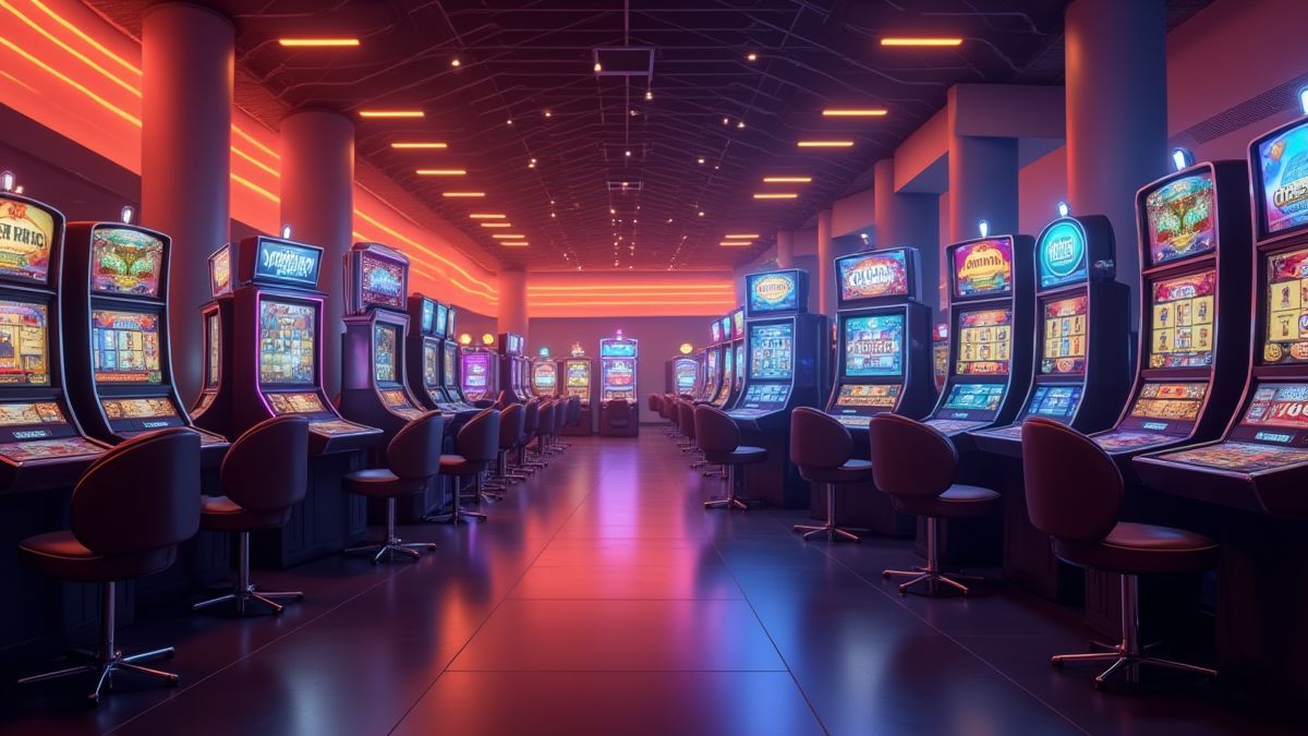 Hall moderne d'un casino avec des machines à sous en arrière-plan.