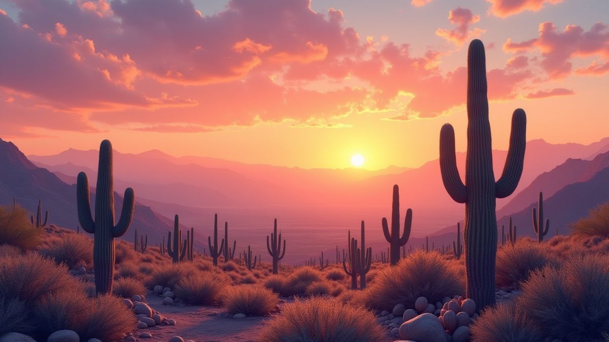 Paisaje del desierto con cactus y montañas bajo un cielo al atardecer.