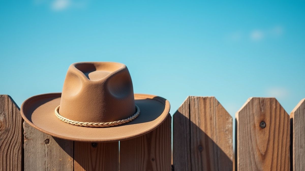 Un sombrero de vaquero colgado en una cerca de madera bajo un cielo azul.