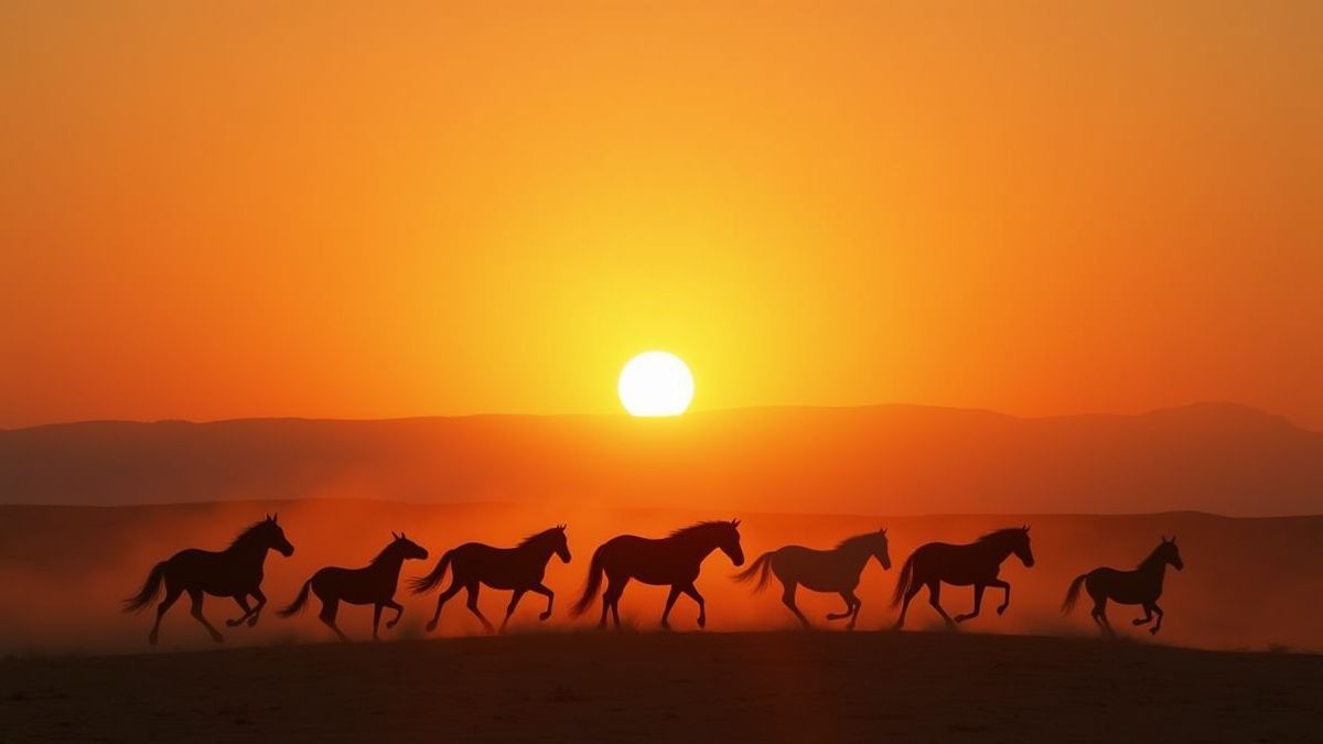 Sunset in the desert with wild horses running freely.