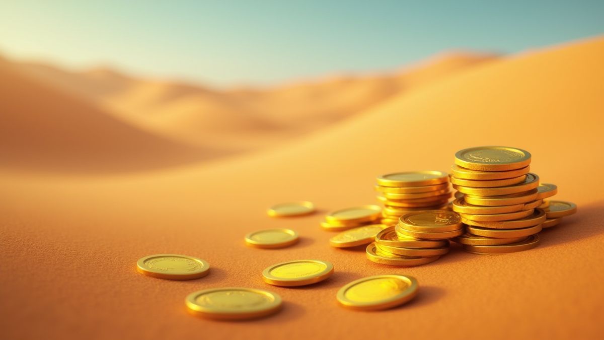 Golden coins scattered across a desert landscape.