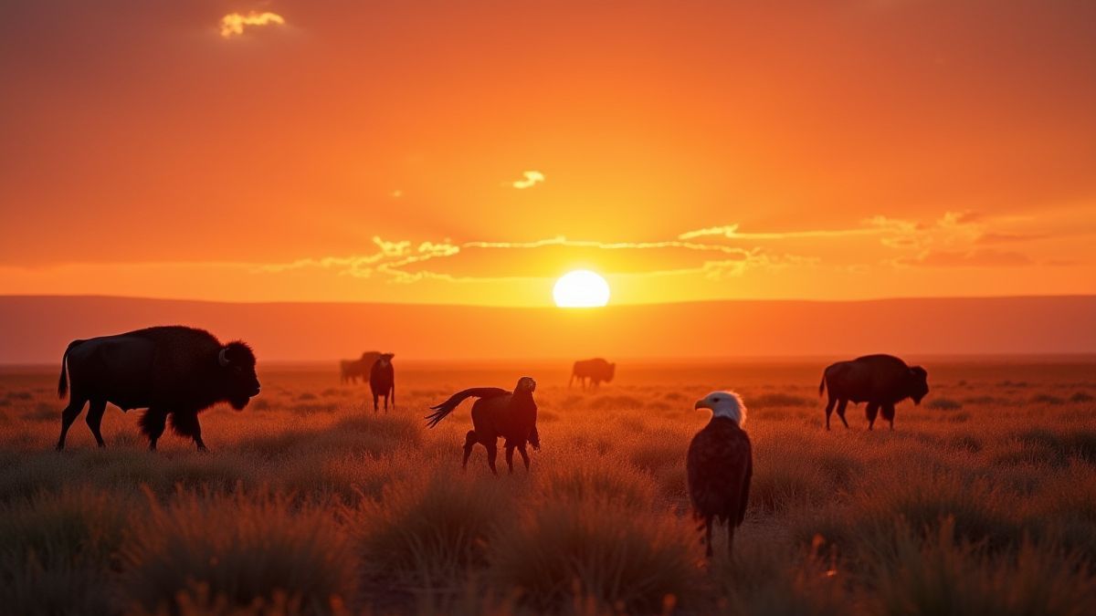 Plaines de l'Ouest au coucher du soleil avec des bisons et des aigles.